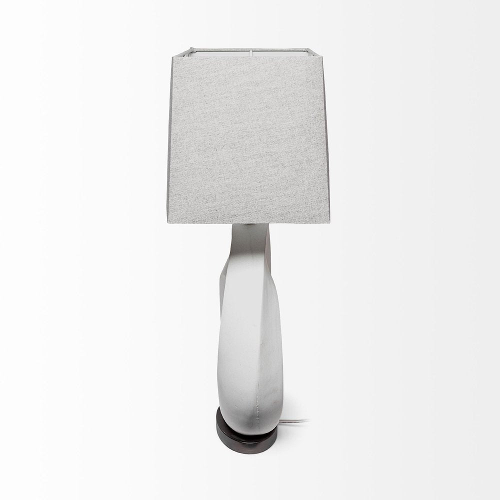 27" White Geometric Table Lamp With Gray Shade. Table lamp isolated on a plain white background, finished in white.