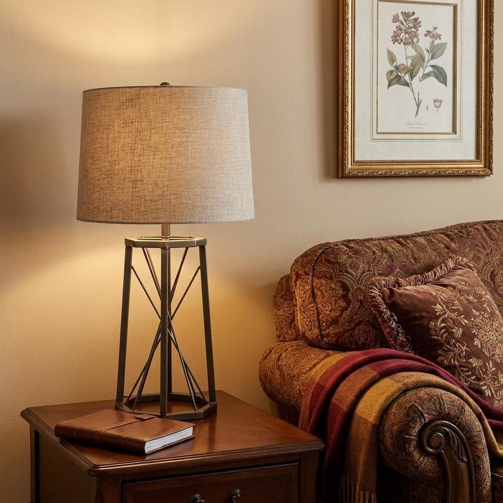 29" Bronze Lamp Base LED With Beige Shade. Lamp in beige.