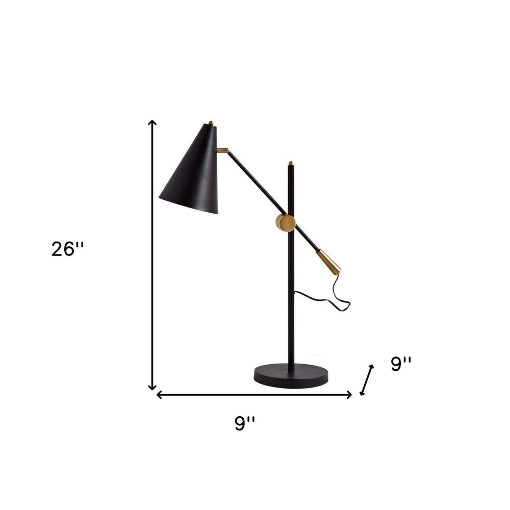 26" Black Metal Swing Arm With Black Cone Shade. Home product isolated on a plain white background, finished in black metal.