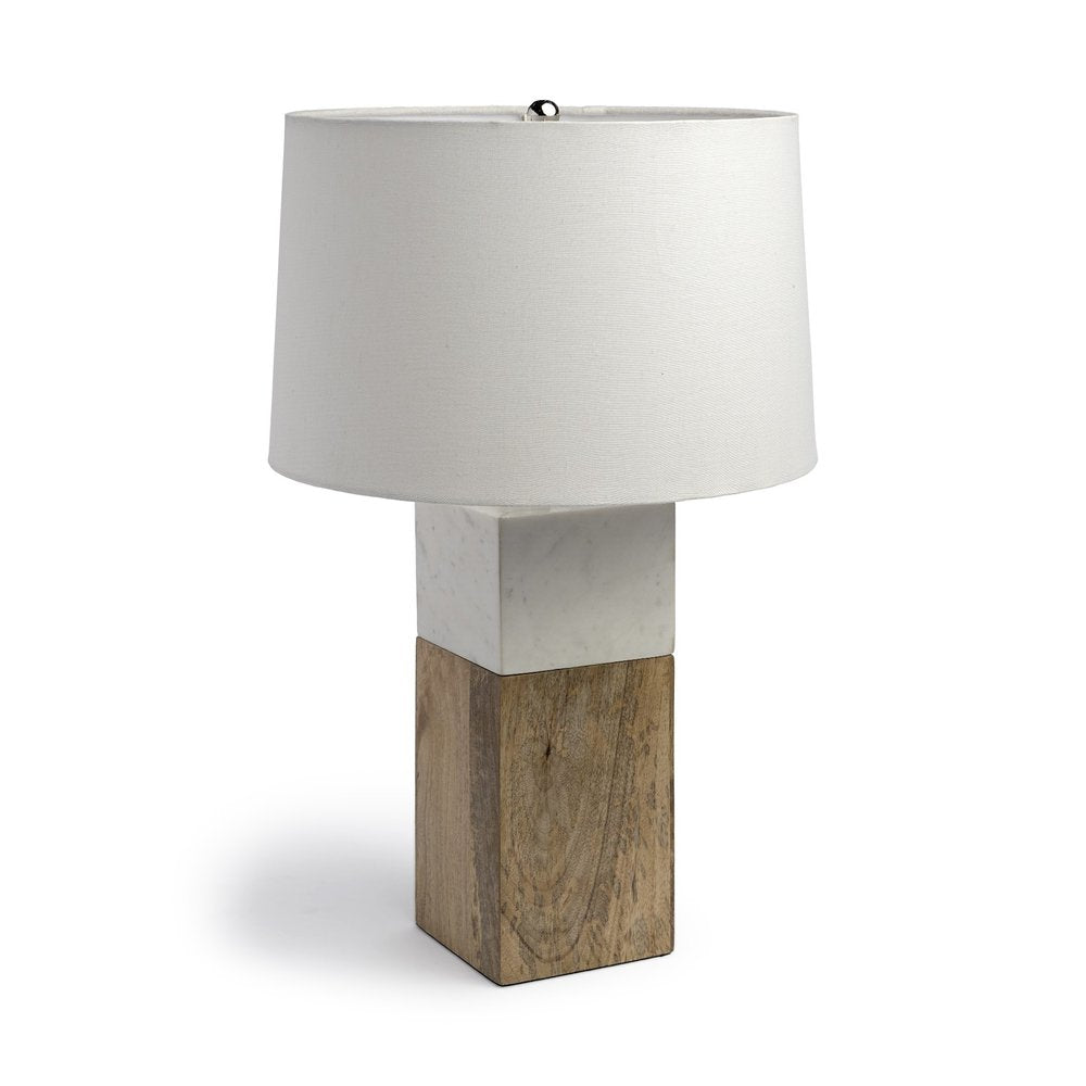 White Marble And Natural Wood Block Table Or Desk Lamp on a white background