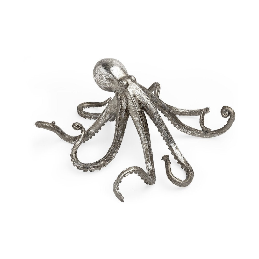 12" Antiqued Silver Resin Octopus Tabletop Sculpture. Sculpture isolated on a plain white background, finished in silver resin.