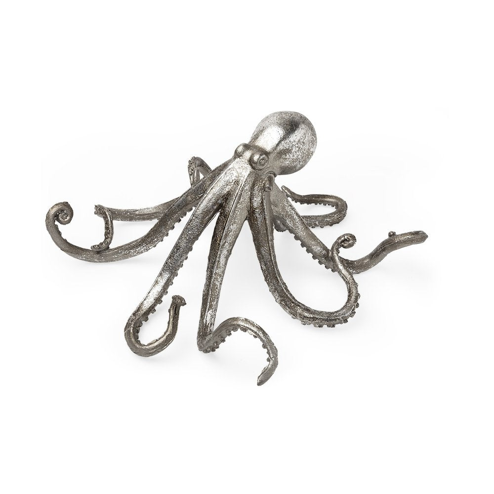 12" Antiqued Silver Resin Octopus Tabletop Sculpture. Sculpture isolated on a plain white background, in a silver resin finish.