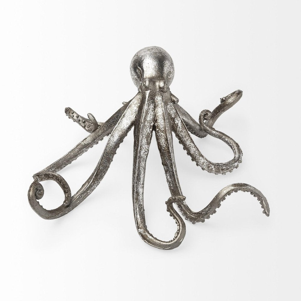 12" Antiqued Silver Resin Octopus Tabletop Sculpture. Sculpture isolated on a plain white background, finished in silver resin.