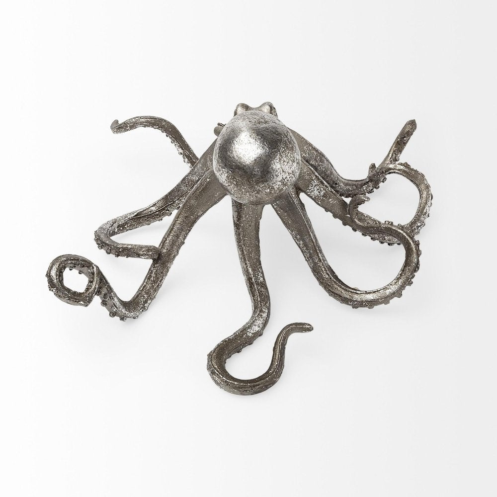 12" Antiqued Silver Resin Octopus Tabletop Sculpture. Sculpture isolated on a plain white background, finished in silver resin.