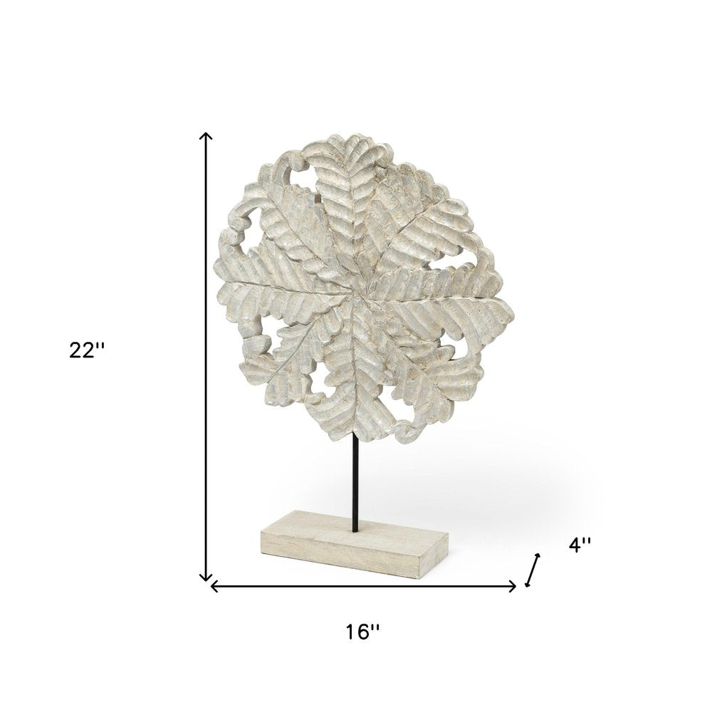 22" White Metal Sculpture. Sculpture isolated on a plain white background, showing a white metal surface.