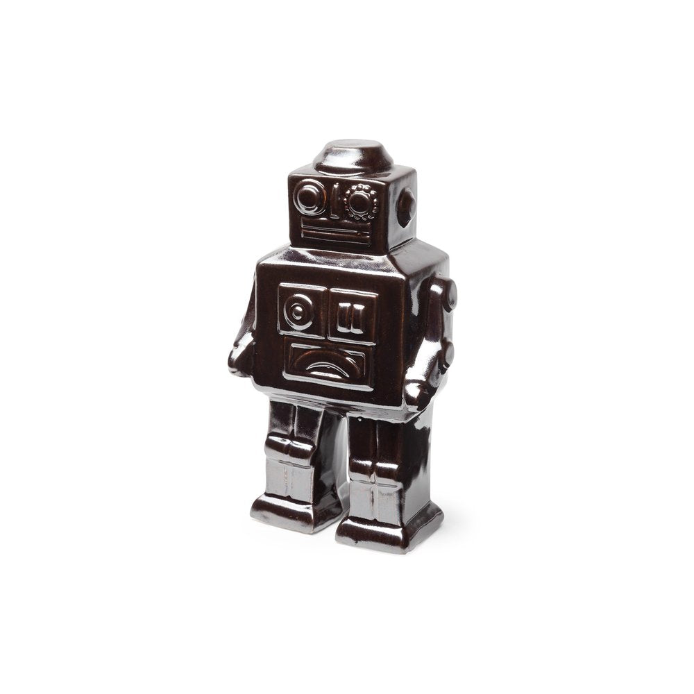 7" Silver Metal Robot Shaped Sculpture on a white background