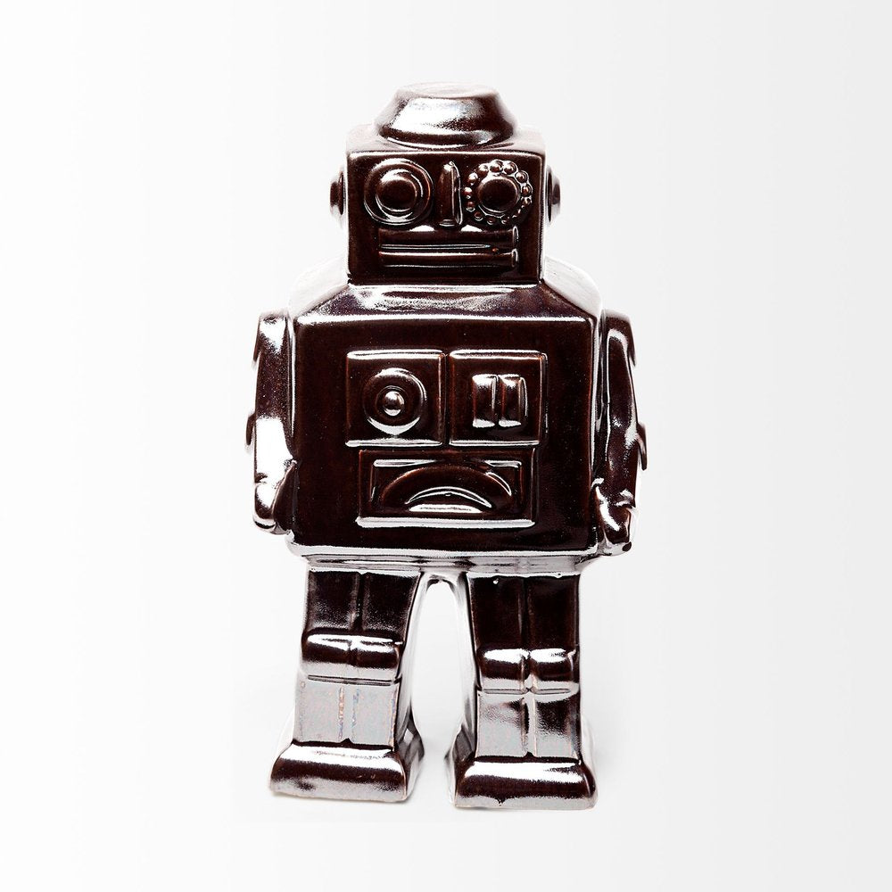 7" Silver Metal Robot Shaped Sculpture on a white background