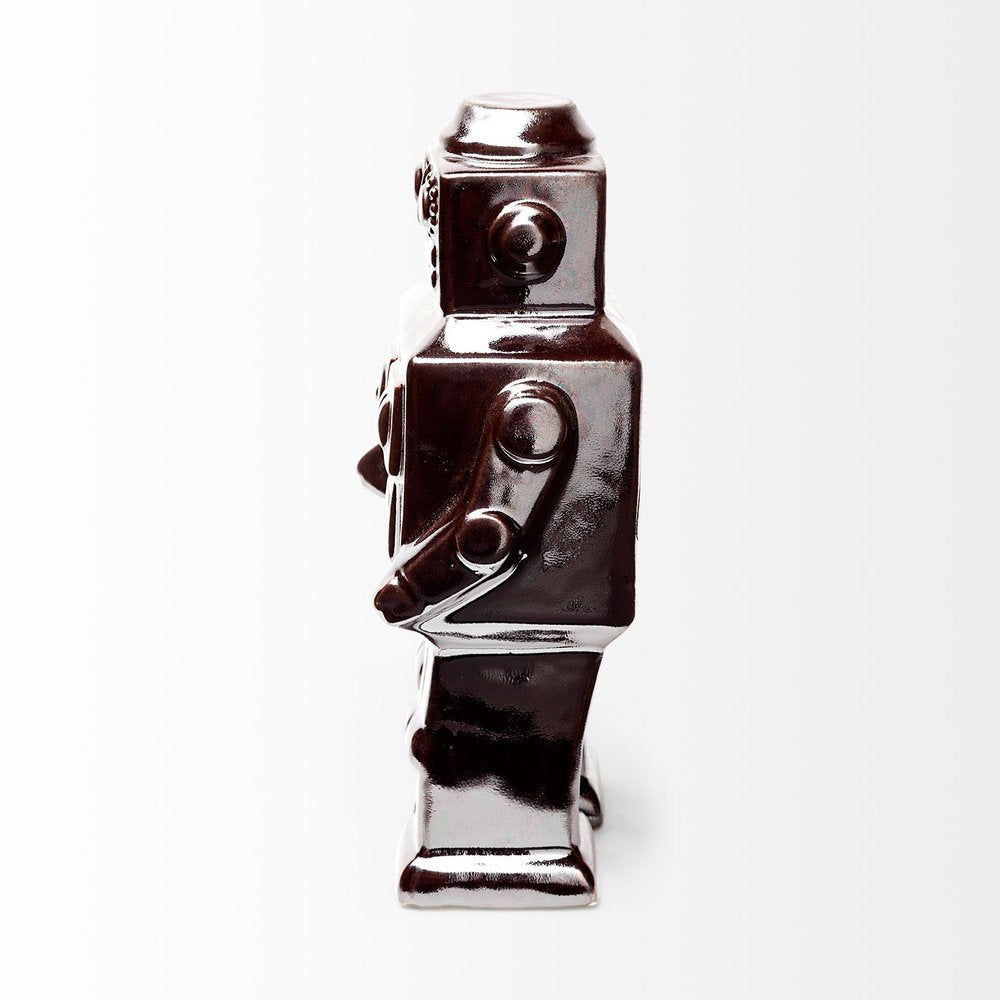 7" Silver Metal Robot Shaped Sculpture on a white background