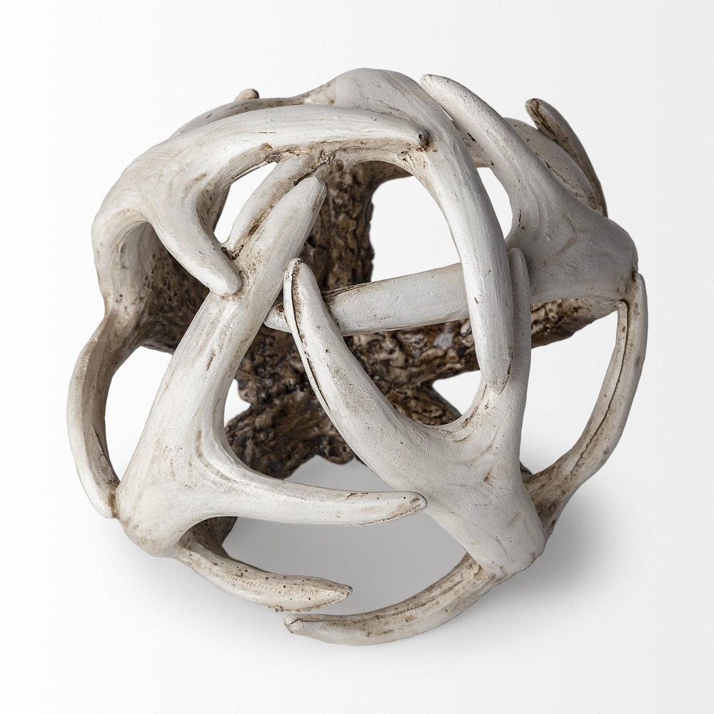 5" Off White And Brown Resin Faux Antler Decorative Orb