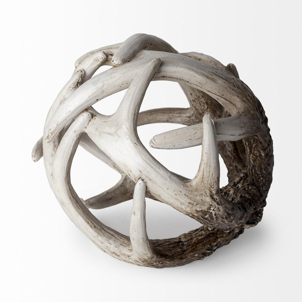 5" Off White And Brown Resin Faux Antler Decorative Orb