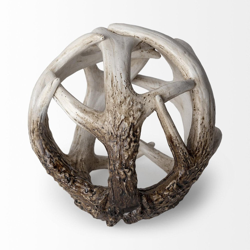 5" Off White And Brown Resin Faux Antler Decorative Orb