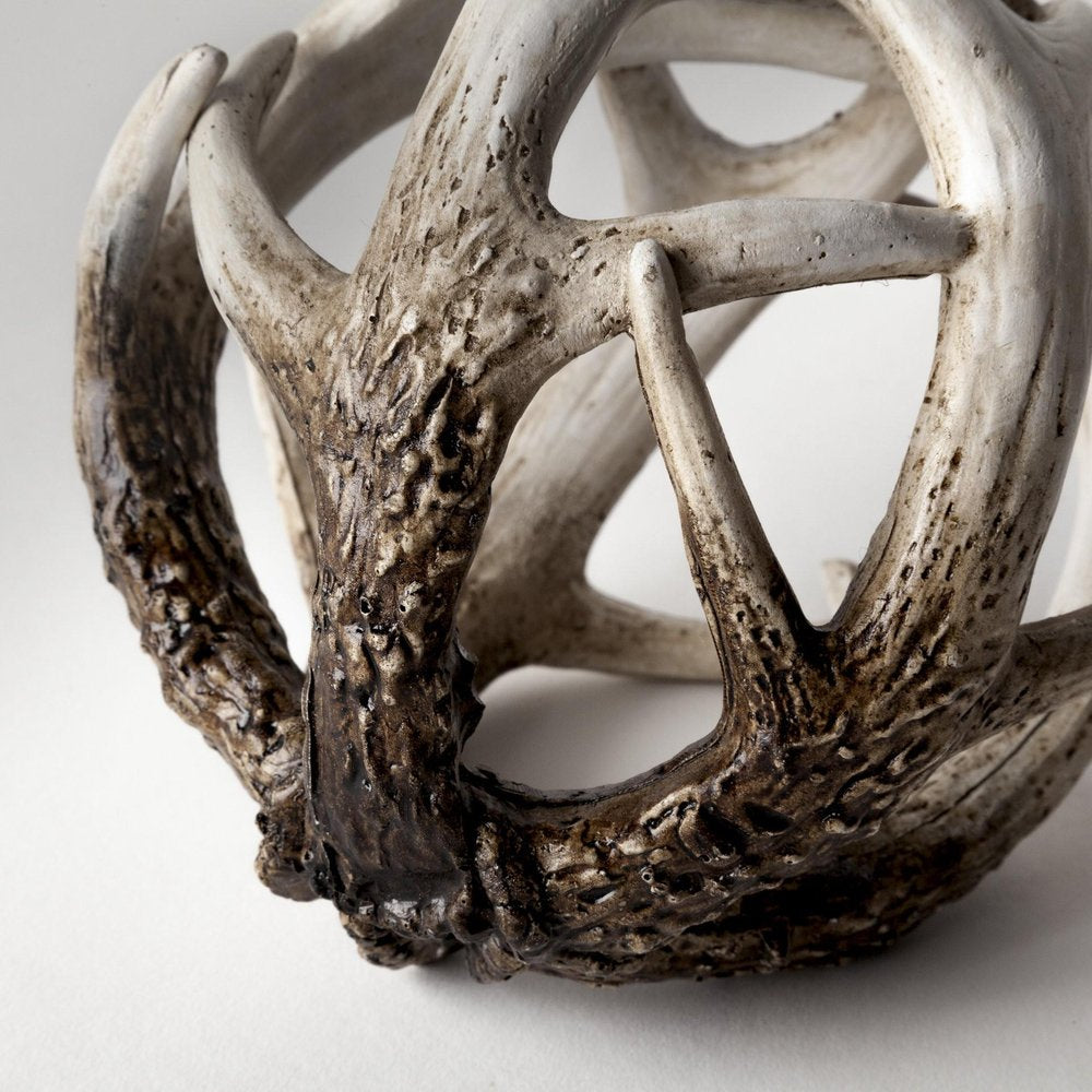 5" Off White And Brown Resin Faux Antler Decorative Orb