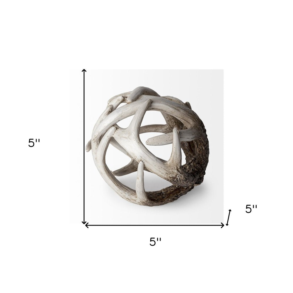 5" Off White And Brown Resin Faux Antler Decorative Orb