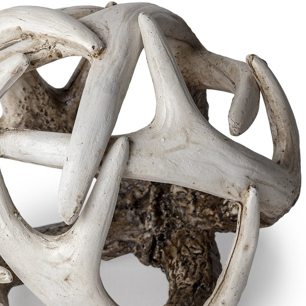 5" Off White And Brown Resin Faux Antler Decorative Orb