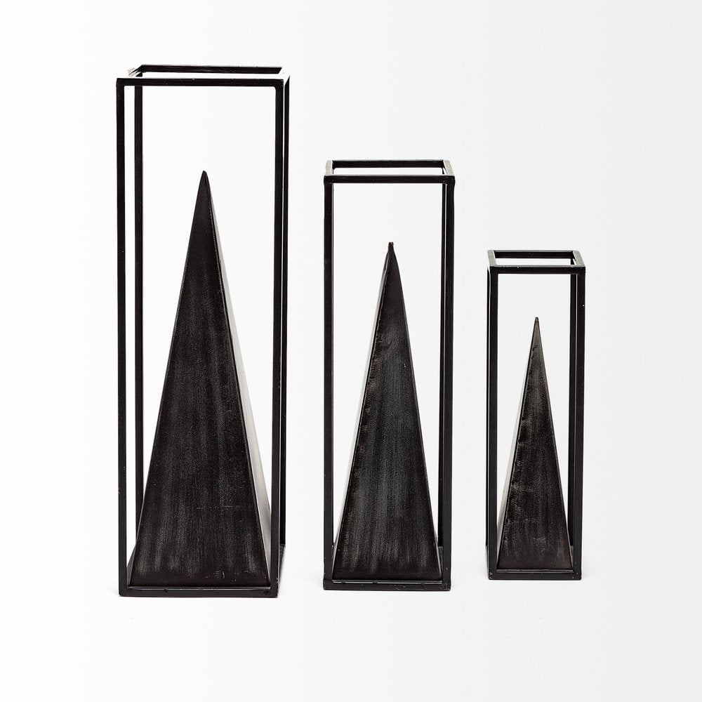 Black Metal Framed Pyramid Sculpture on a white background