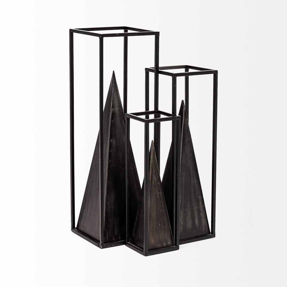 Black Metal Framed Pyramid Sculpture on a white background