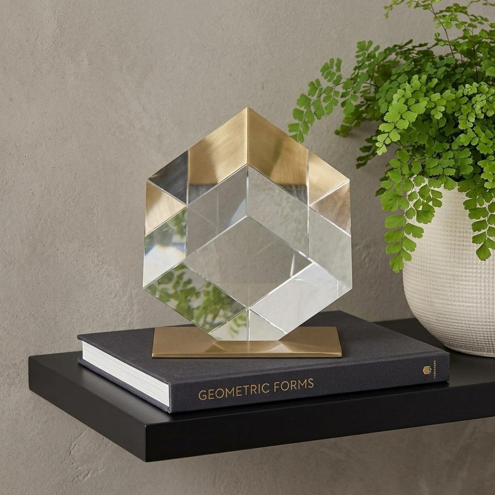 6" Optical Glass Cube And Gold Sculpture
