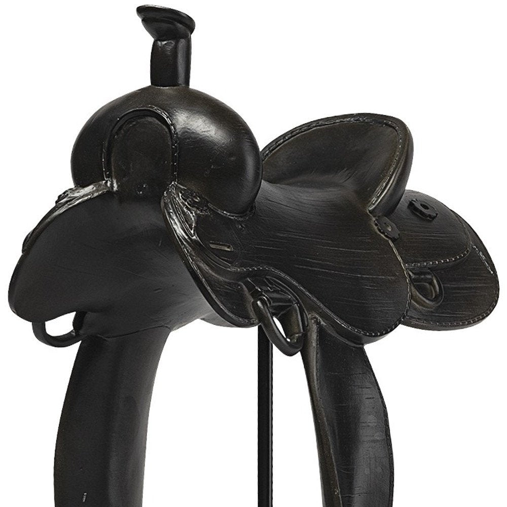 16" Black Metal and Resin Western Horse Saddle Tabletop Sculpture. Sculpture isolated on a plain white background, in a black metal finish.