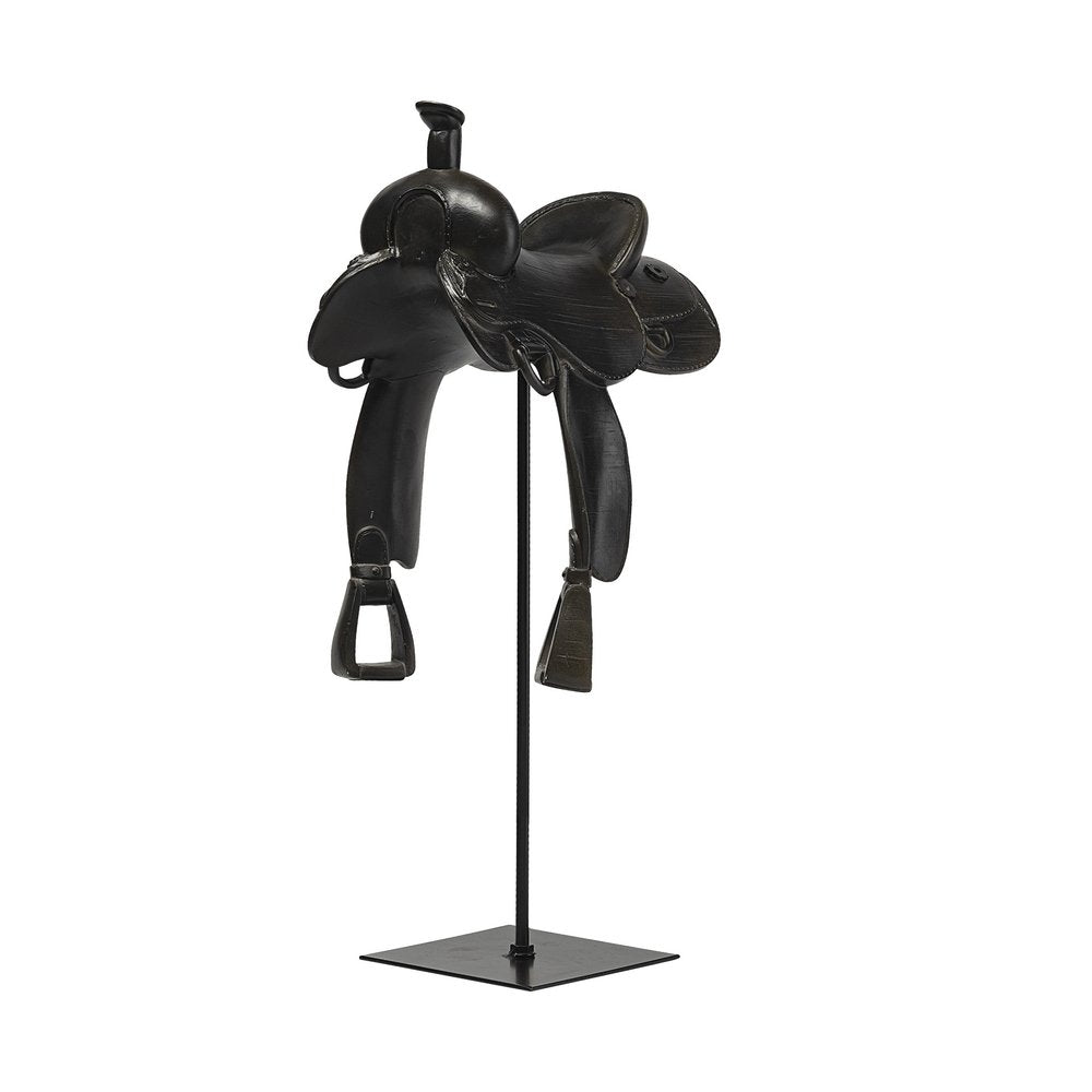 16" Black Metal and Resin Western Horse Saddle Tabletop Sculpture. Sculpture isolated on a plain white background, in a black metal finish.