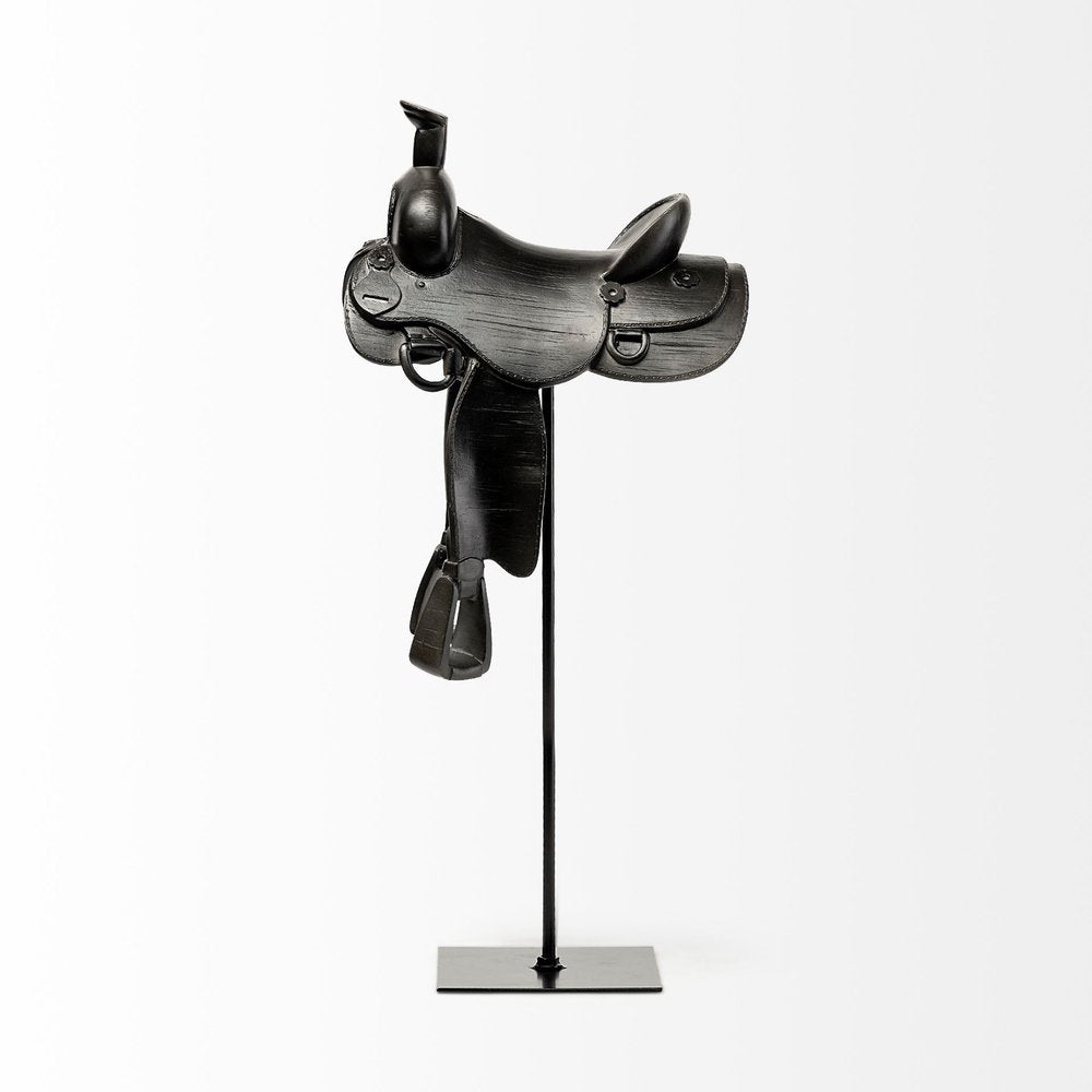 16" Black Metal and Resin Western Horse Saddle Tabletop Sculpture. Sculpture isolated on a plain white background, finished in black metal.