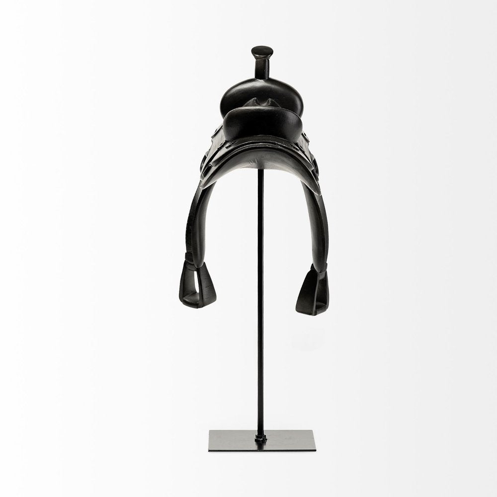 16" Black Metal and Resin Western Horse Saddle Tabletop Sculpture. Sculpture isolated on a plain white background, showing a black metal surface.