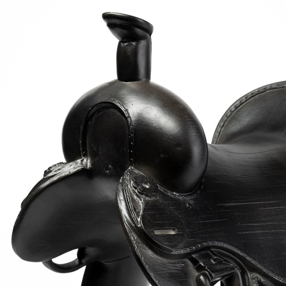 16" Black Metal and Resin Western Horse Saddle Tabletop Sculpture. Sculpture isolated on a plain white background, finished in black metal.