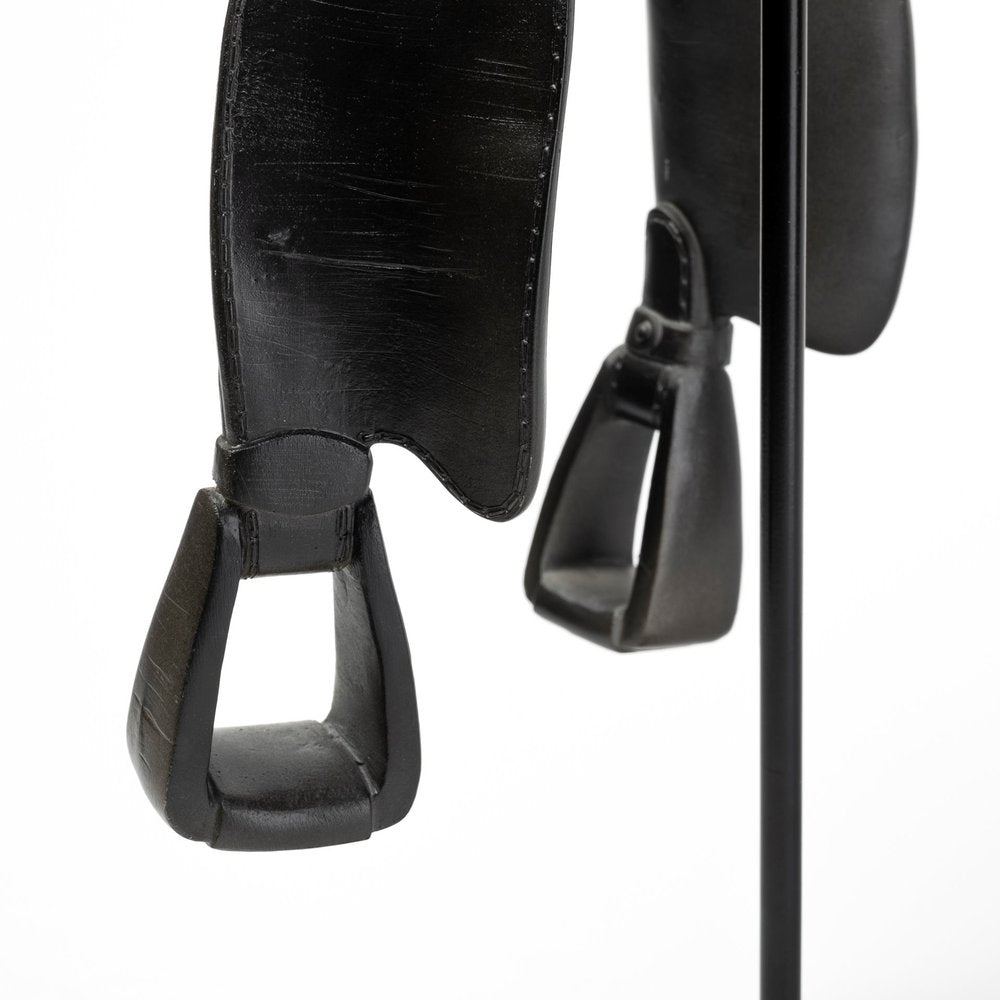 16" Black Metal and Resin Western Horse Saddle Tabletop Sculpture. Sculpture isolated on a plain white background, finished in black metal.
