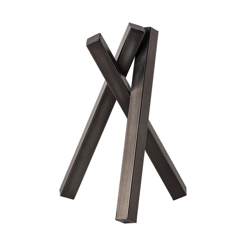 12" Gunmetal Gray Metal Abstract Geometric Tabletop Sculpture. Sculpture isolated on a plain white background, finished in gray metal.