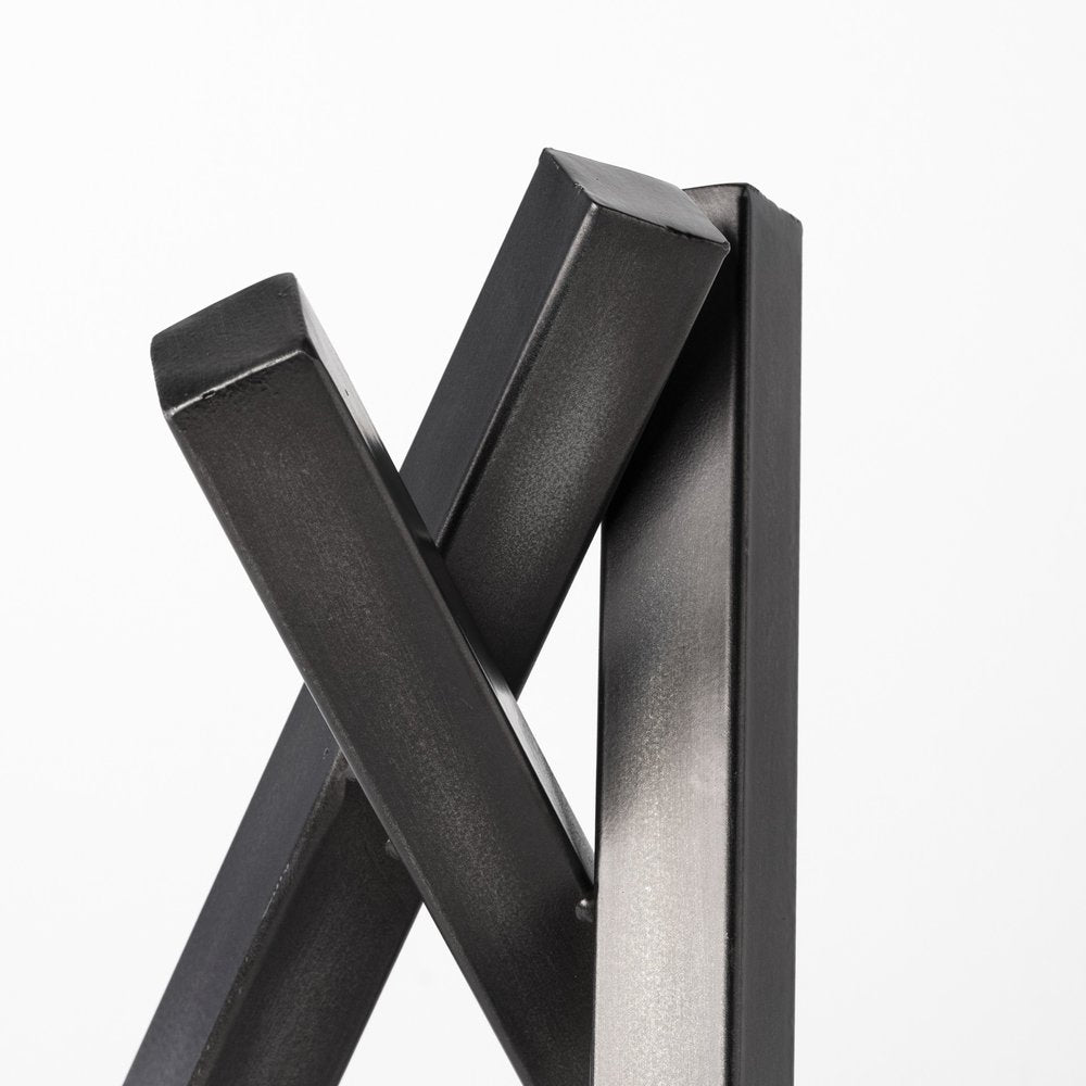 12" Gunmetal Gray Metal Abstract Geometric Tabletop Sculpture. Sculpture isolated on a plain white background, showing a gray metal surface.