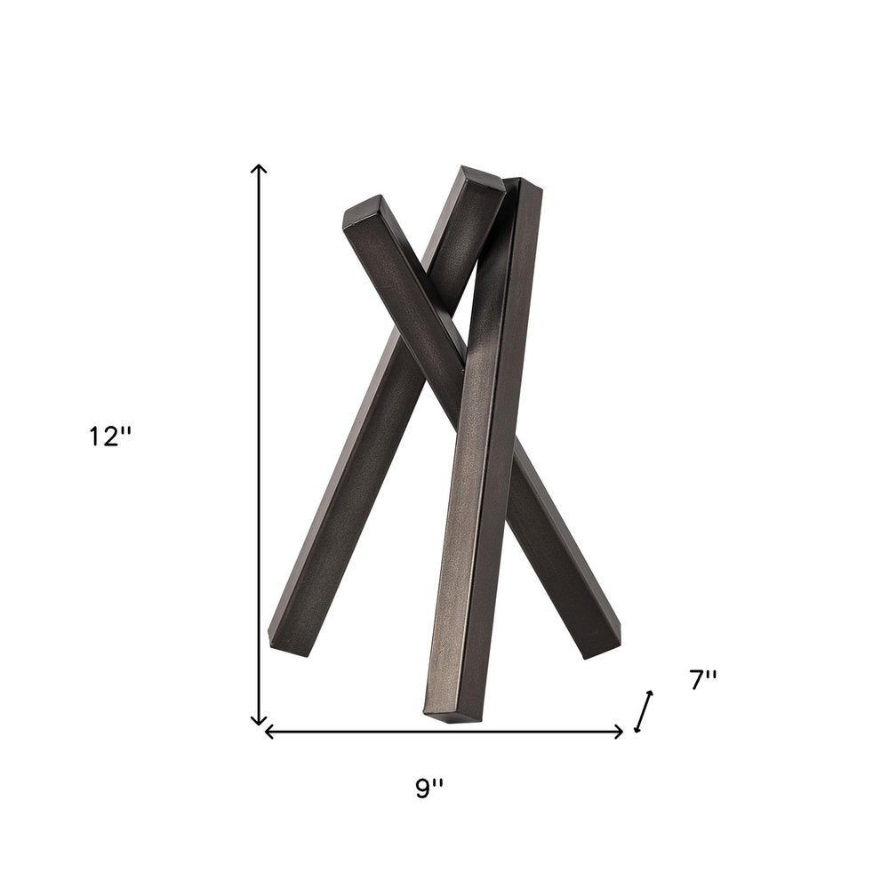 12" Gunmetal Gray Metal Abstract Geometric Tabletop Sculpture. Sculpture isolated on a plain white background, finished in gray metal.