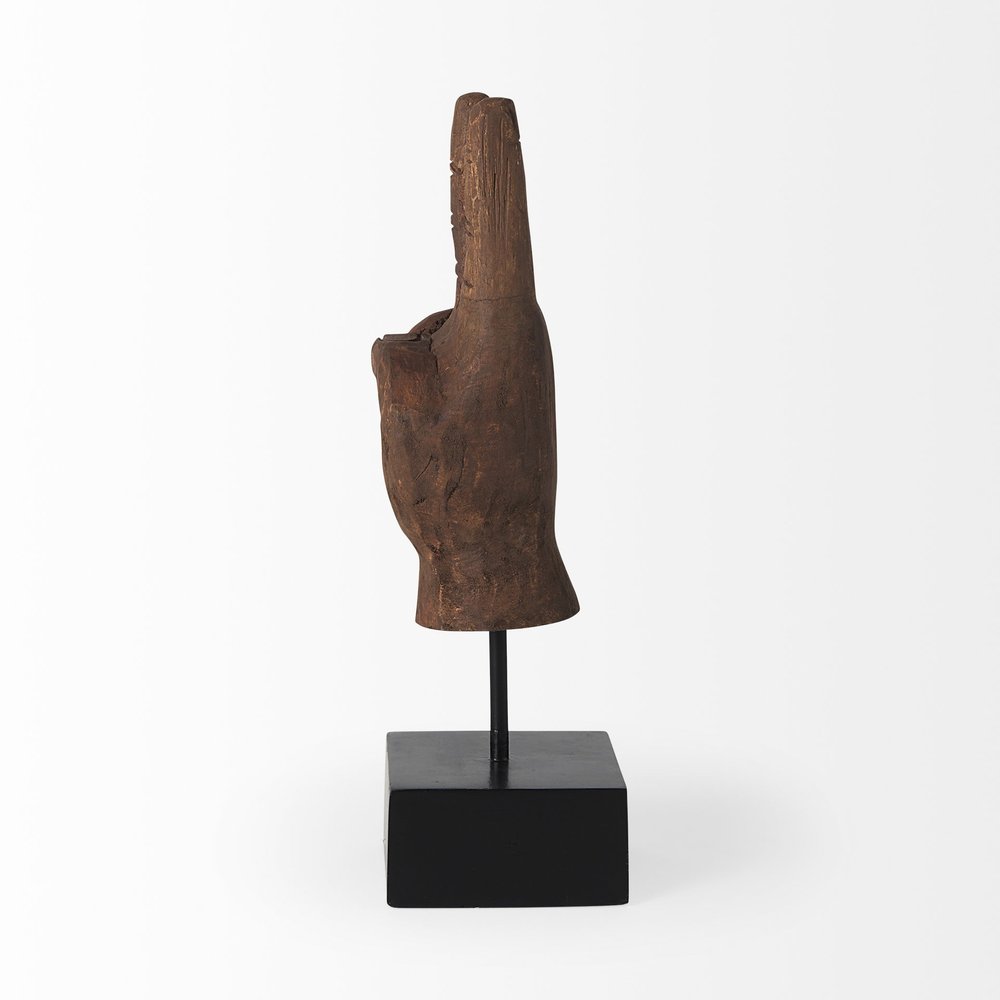13" Brown Fabric Hand Tabletop Sculpture. Sculpture isolated on a plain white background, finished in brown fabric.