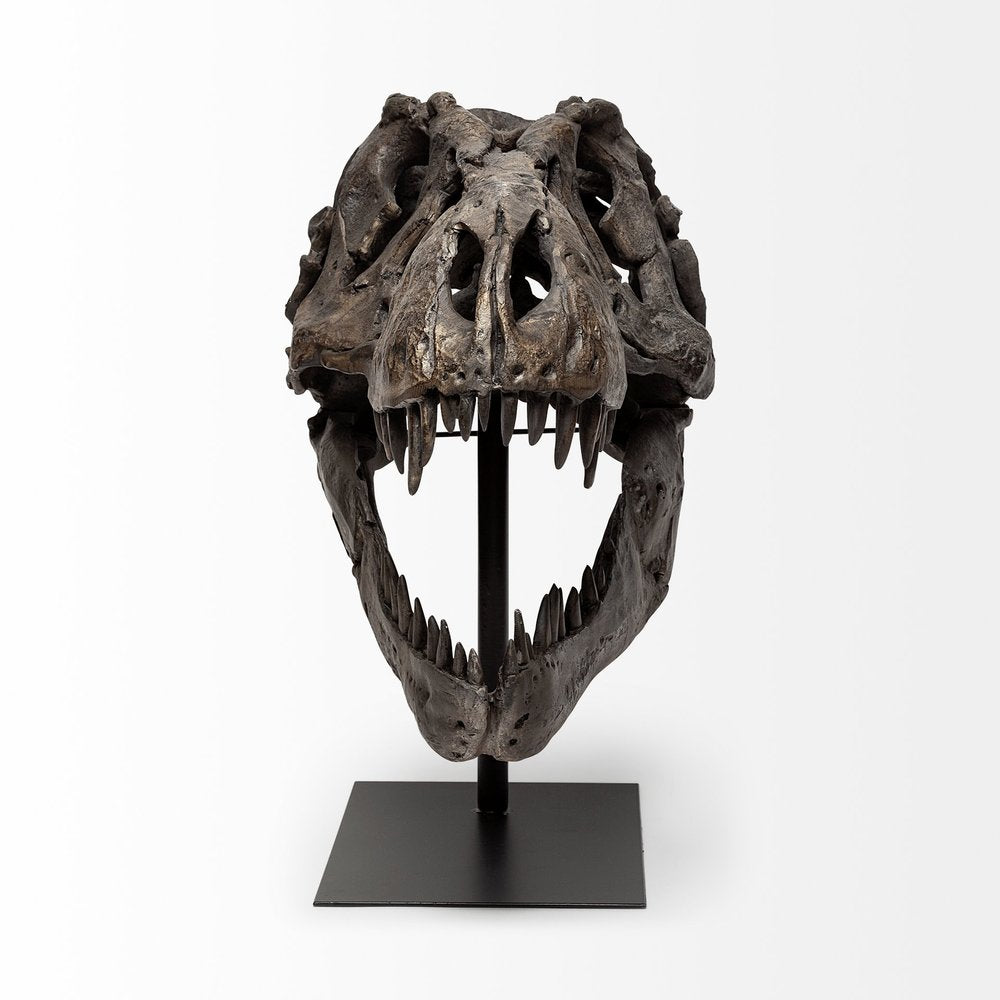 Authentic Replica T Rex Skull Sculpture on a white background