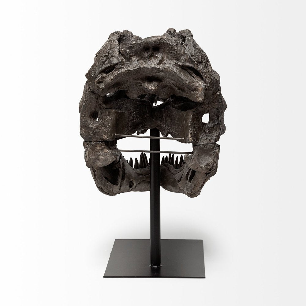 Authentic Replica T Rex Skull Sculpture on a white background
