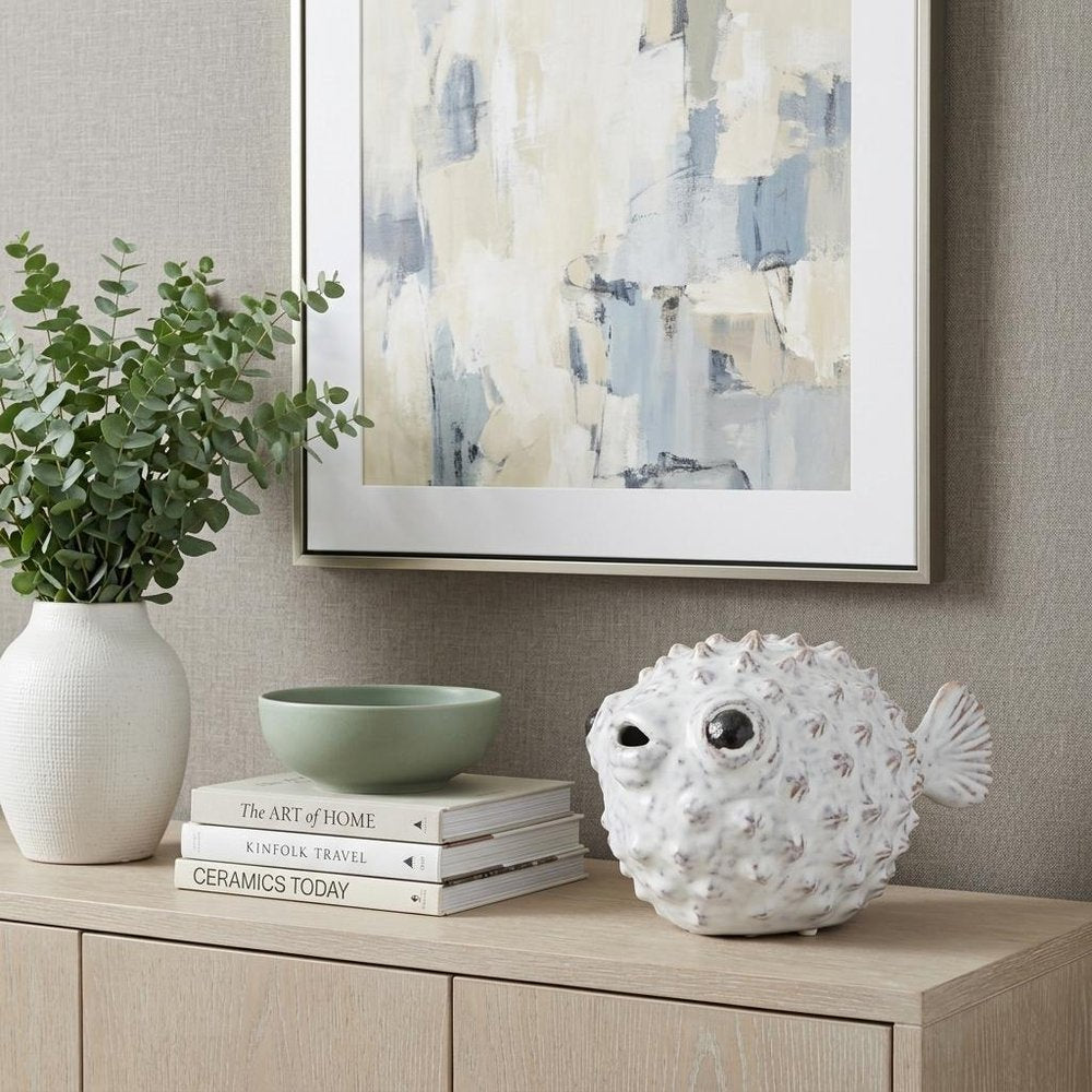 6" White Ceramic Puffer Fish Tabletop Sculpture