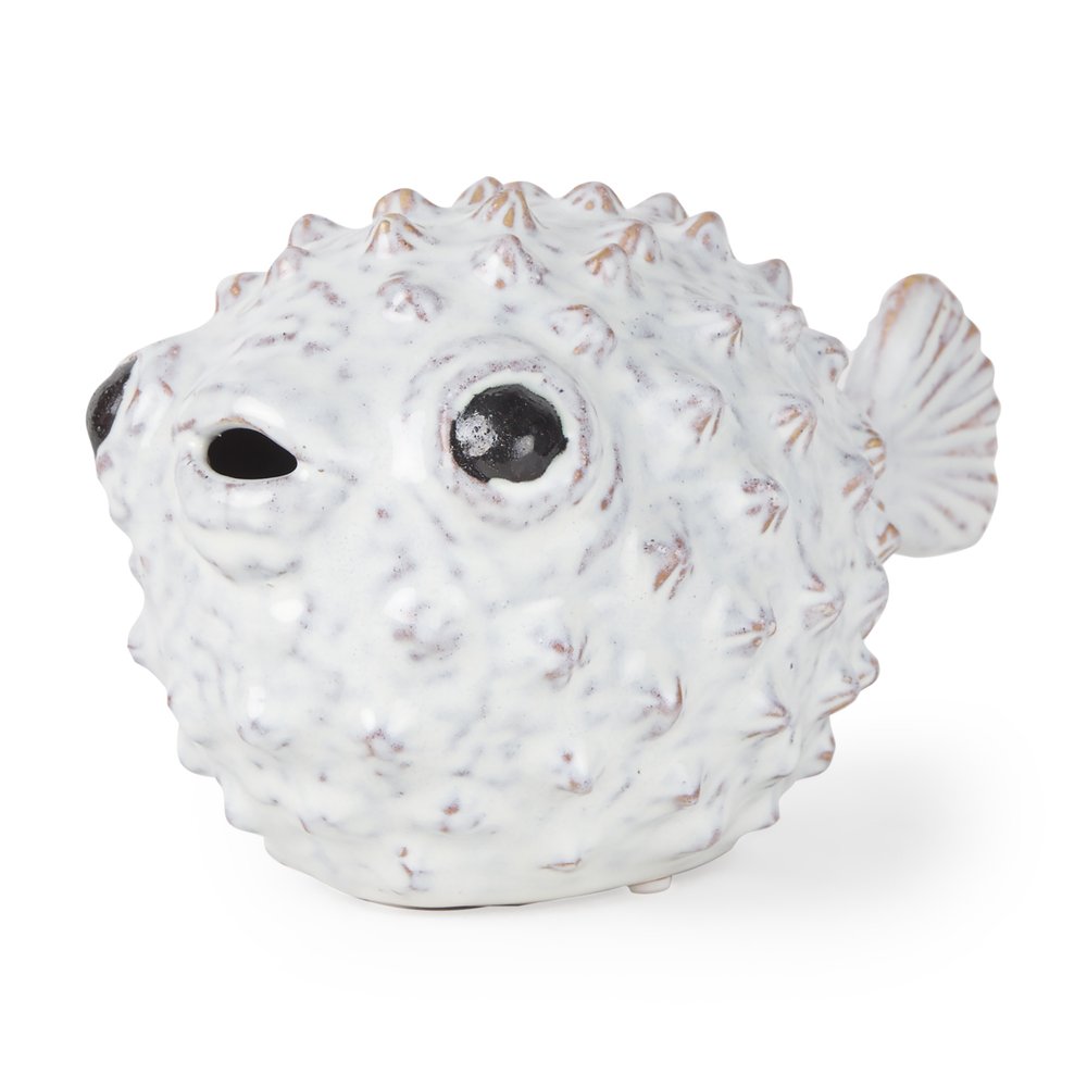 6" White Ceramic Puffer Fish Tabletop Sculpture. Sculpture isolated on a plain white background, finished in off-white ceramic.