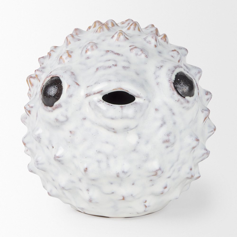 6" White Ceramic Puffer Fish Tabletop Sculpture