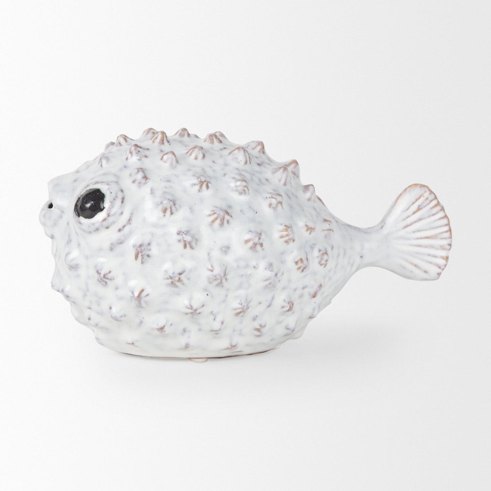 6" White Ceramic Puffer Fish Tabletop Sculpture