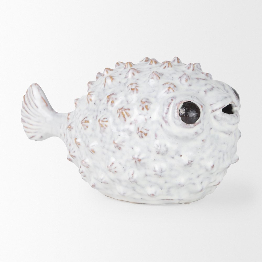 6" White Ceramic Puffer Fish Tabletop Sculpture
