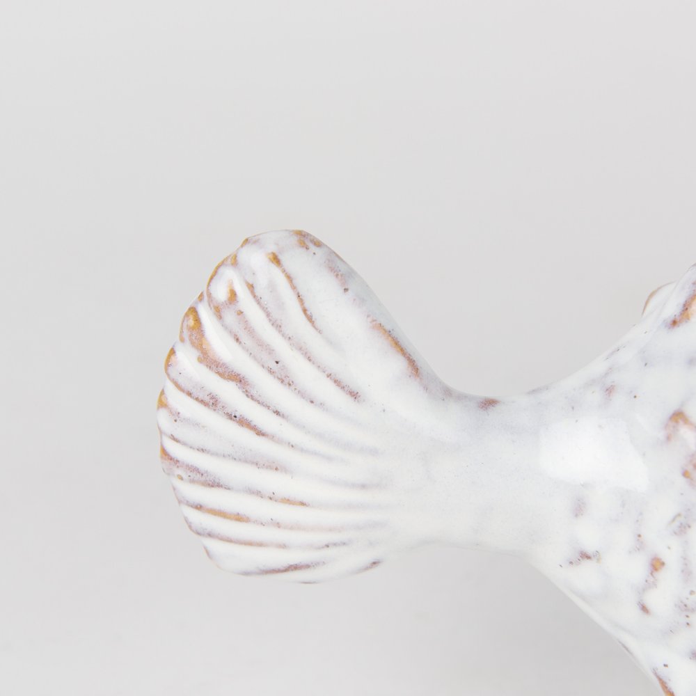 6" White Ceramic Puffer Fish Tabletop Sculpture. Sculpture isolated on a plain white background, showing a off-white ceramic surface.
