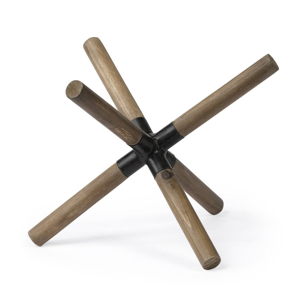 6" Brown Metal And Wood Modern Abstract Tabletop Sculpture. Sculpture isolated on a plain white background, showing a brown metal surface.