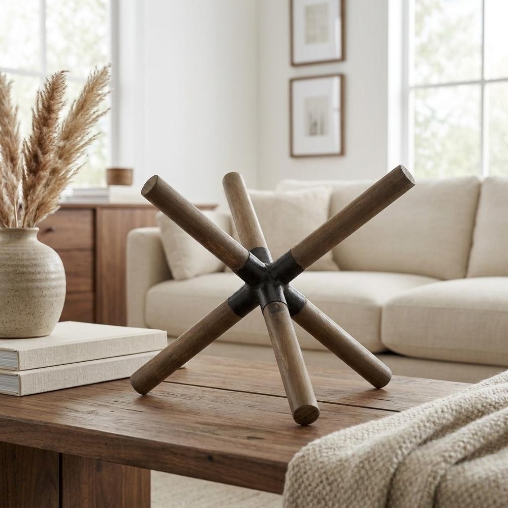 6" Brown Metal And Wood Modern Abstract Tabletop Sculpture