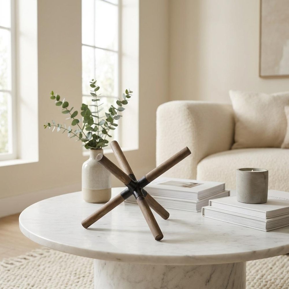 6" Brown Metal And Wood Modern Abstract Tabletop Sculpture