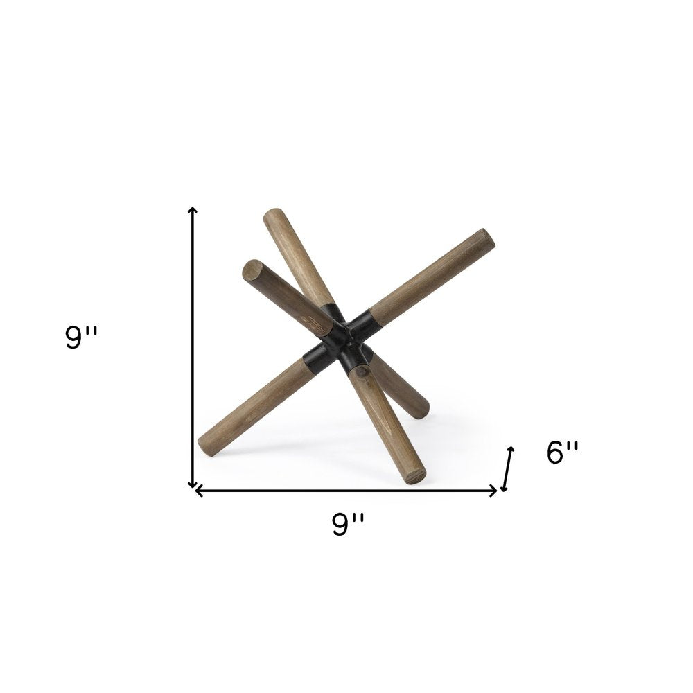 6" Brown Metal And Wood Modern Abstract Tabletop Sculpture. Sculpture isolated on a plain white background, showing a brown metal surface.