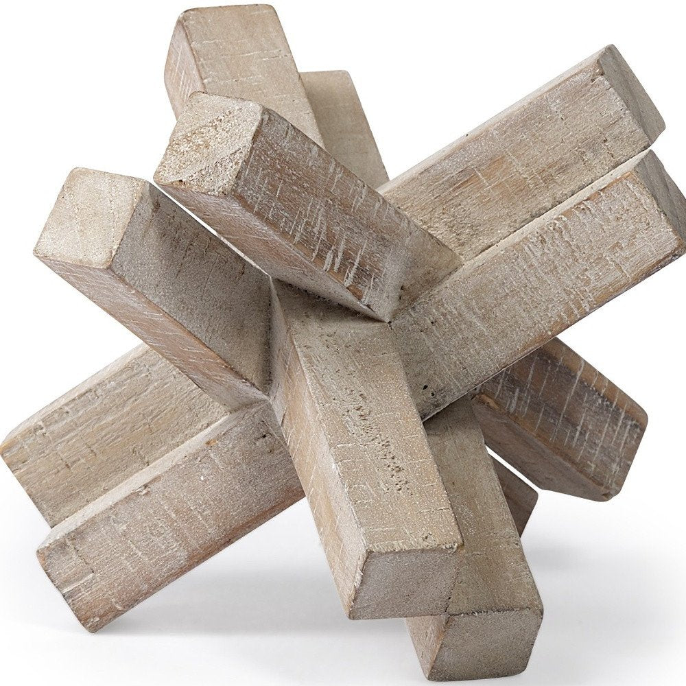 6" Light Brown Solid Wood Geometric Tabletop Sculpture. Sculpture isolated on a plain white background, in a brown wood finish.