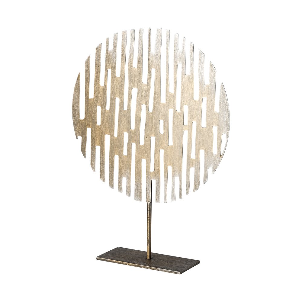 17" Antiqued Gold Round Disc Metal Tabletop Sculpture. Sculpture isolated on a plain white background, finished in gold metal.