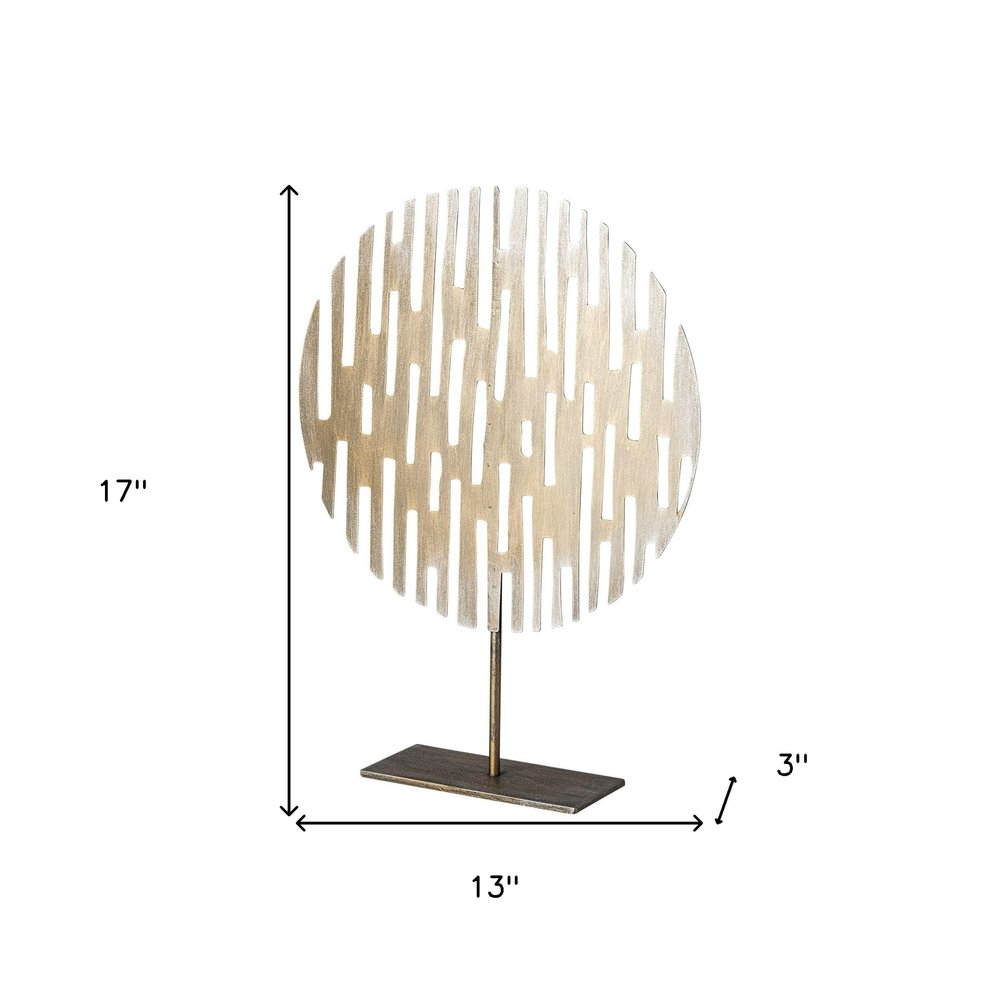 17" Antiqued Gold Round Disc Metal Tabletop Sculpture. Sculpture isolated on a plain white background, showing a gold metal surface.