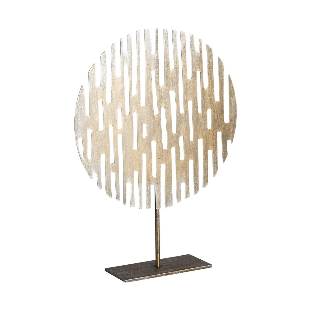 17" Antiqued Gold Round Disc Metal Tabletop Sculpture. Sculpture isolated on a plain white background, finished in gold metal.
