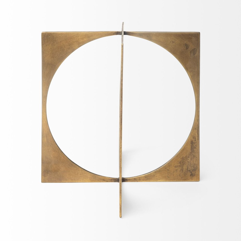 10" Burnished Gold Metal Circle Square Sculpture. Sculpture isolated on a plain white background, in a gold metal finish.