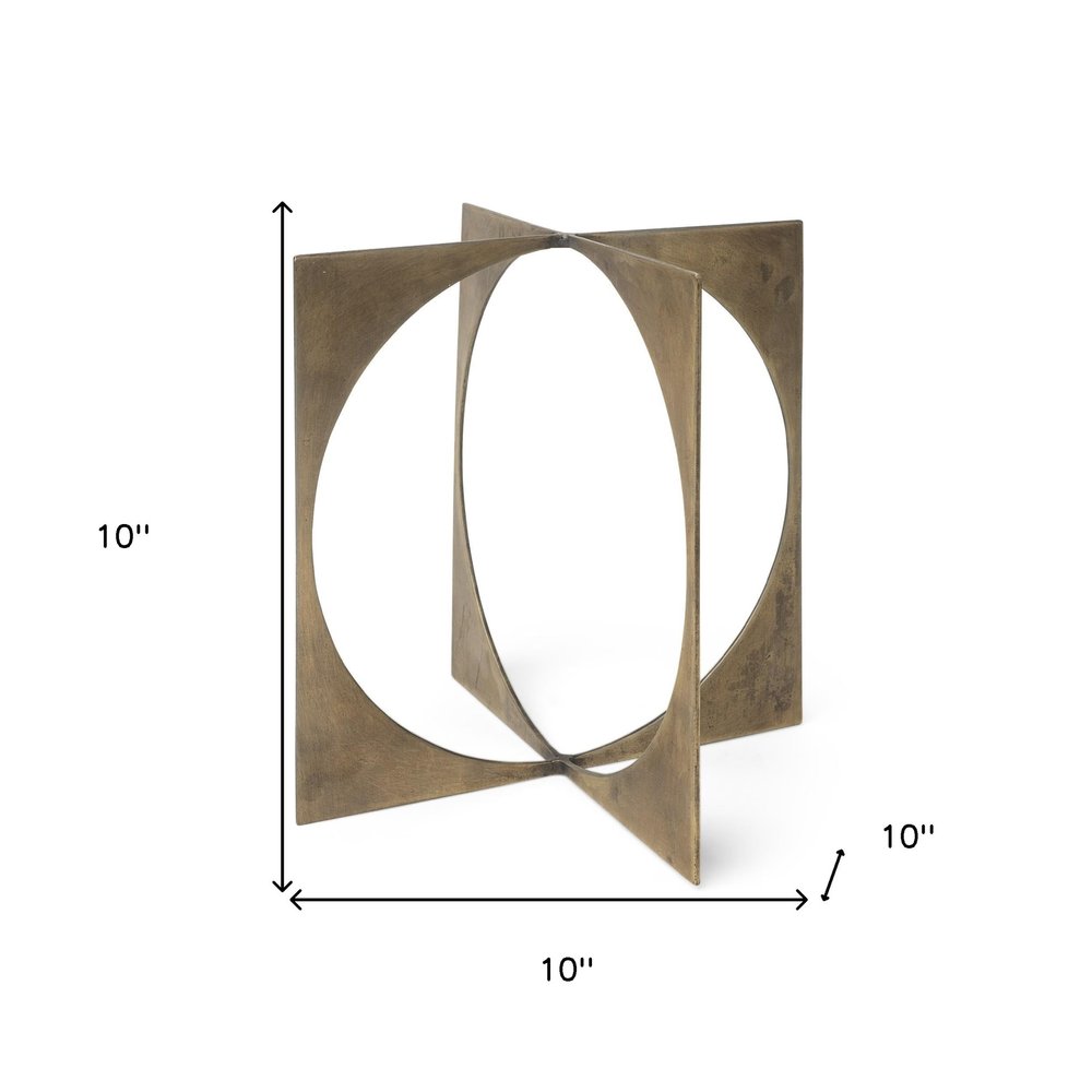 10" Burnished Gold Metal Circle Square Sculpture. Sculpture isolated on a plain white background, in a gold metal finish.