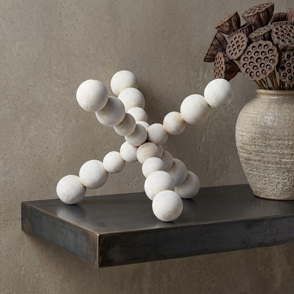 9" Off White Beaded Wooden Decorative Jack Tabletop Sculpture